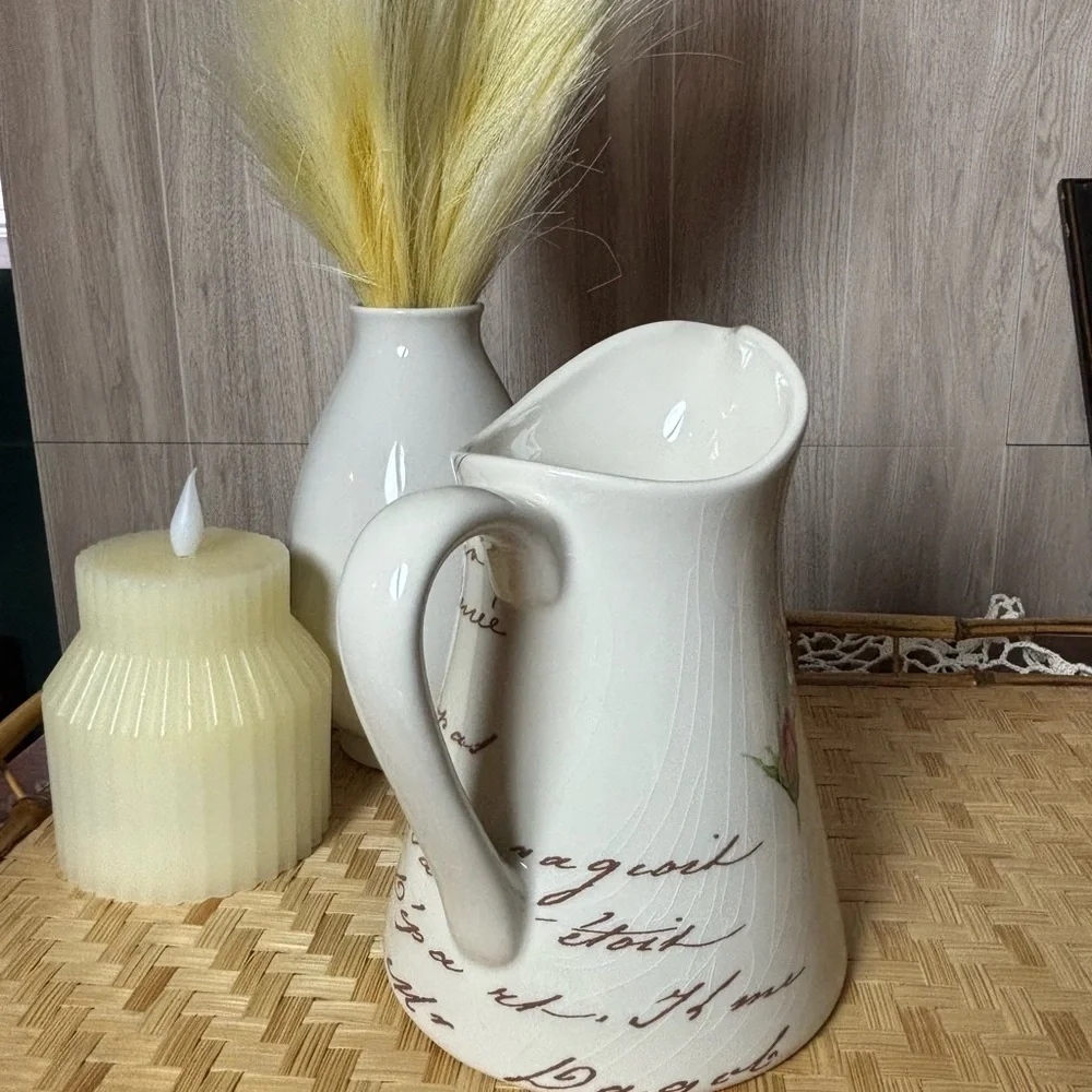 Teleflora Gift Shabby Chic Pink Rose FloralE White Ceramic Pitcher Vase